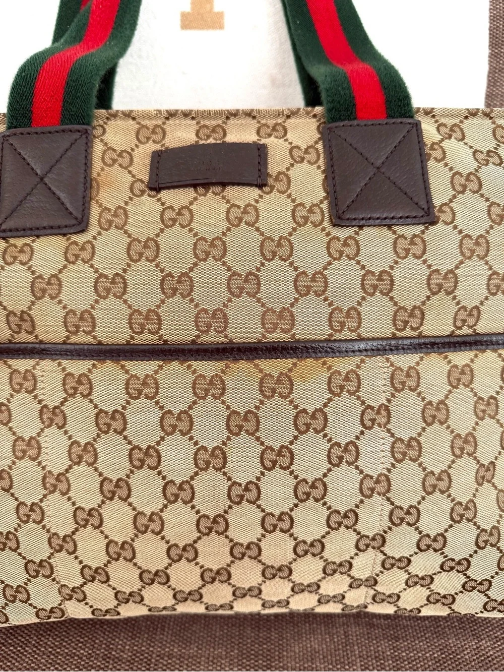 Gucci authentic tote bag brown monogram canvas diaper bag red green handles